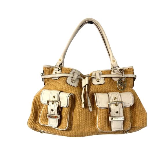 MICHAEL Michael Kors Handbags - Michael Kors Straw Woven White Leather Shoulder Bag Gold Multiple Pockets